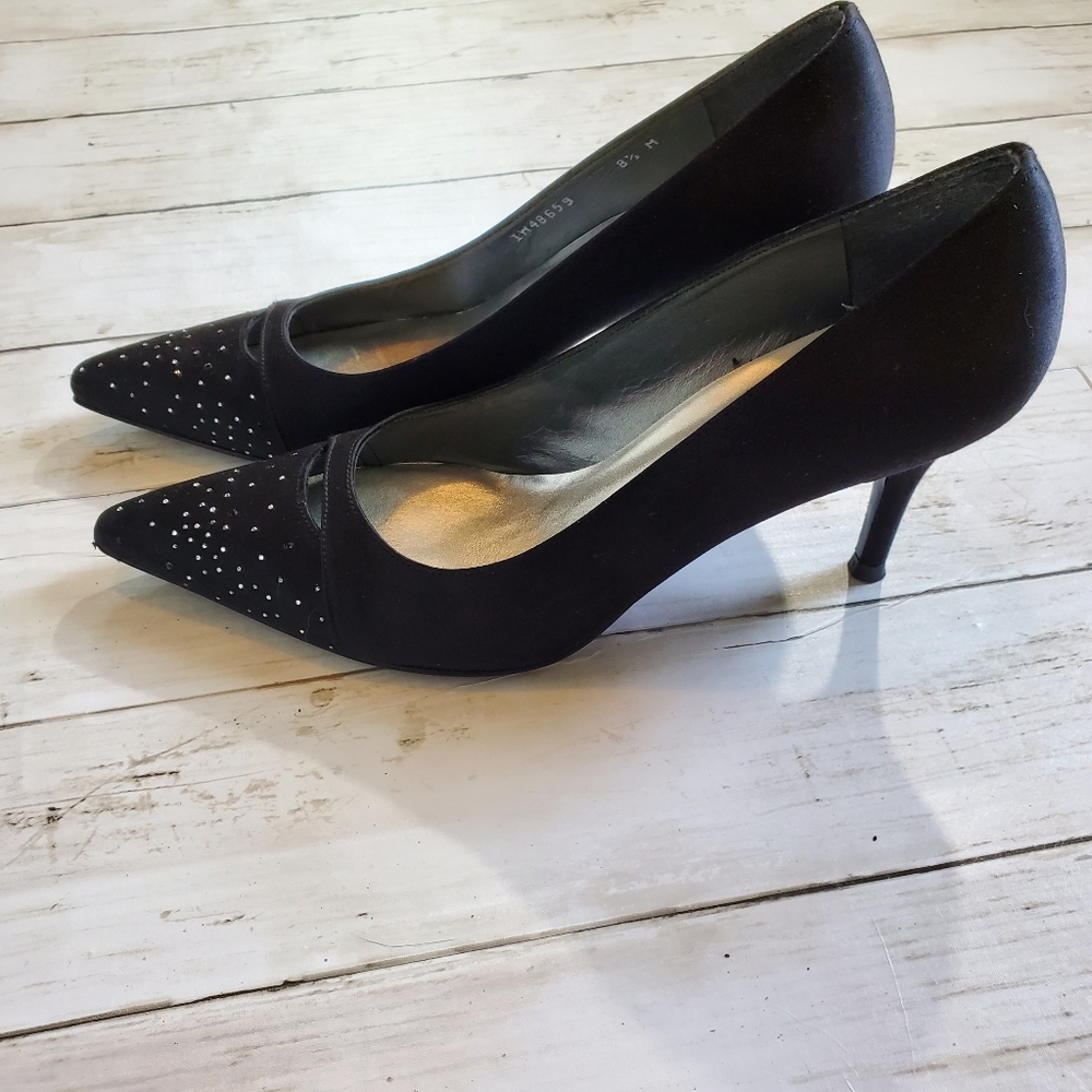 Stuart weitzman black satin high heel stiletto w‎ rhinestones size 8.5 poiny Toe - Picture 3 of 8